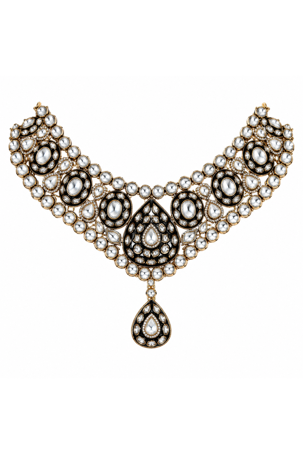 Gold Plated Kundan Polki Necklace Set with Maang Tikka and Earrings
