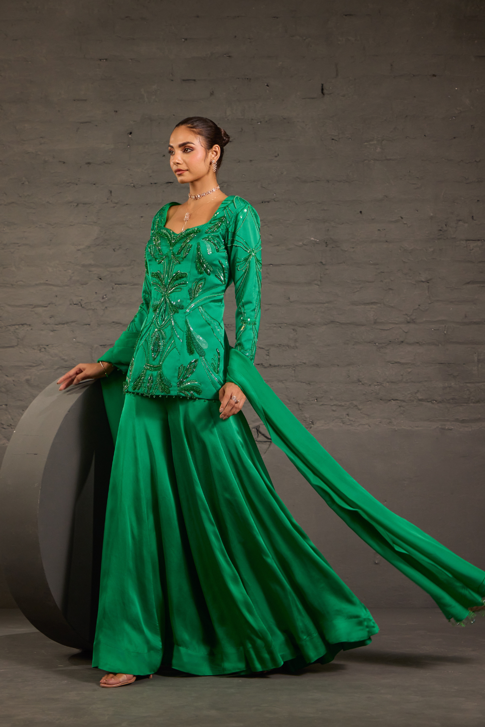 Emerald Green Embroidered Sharara Set