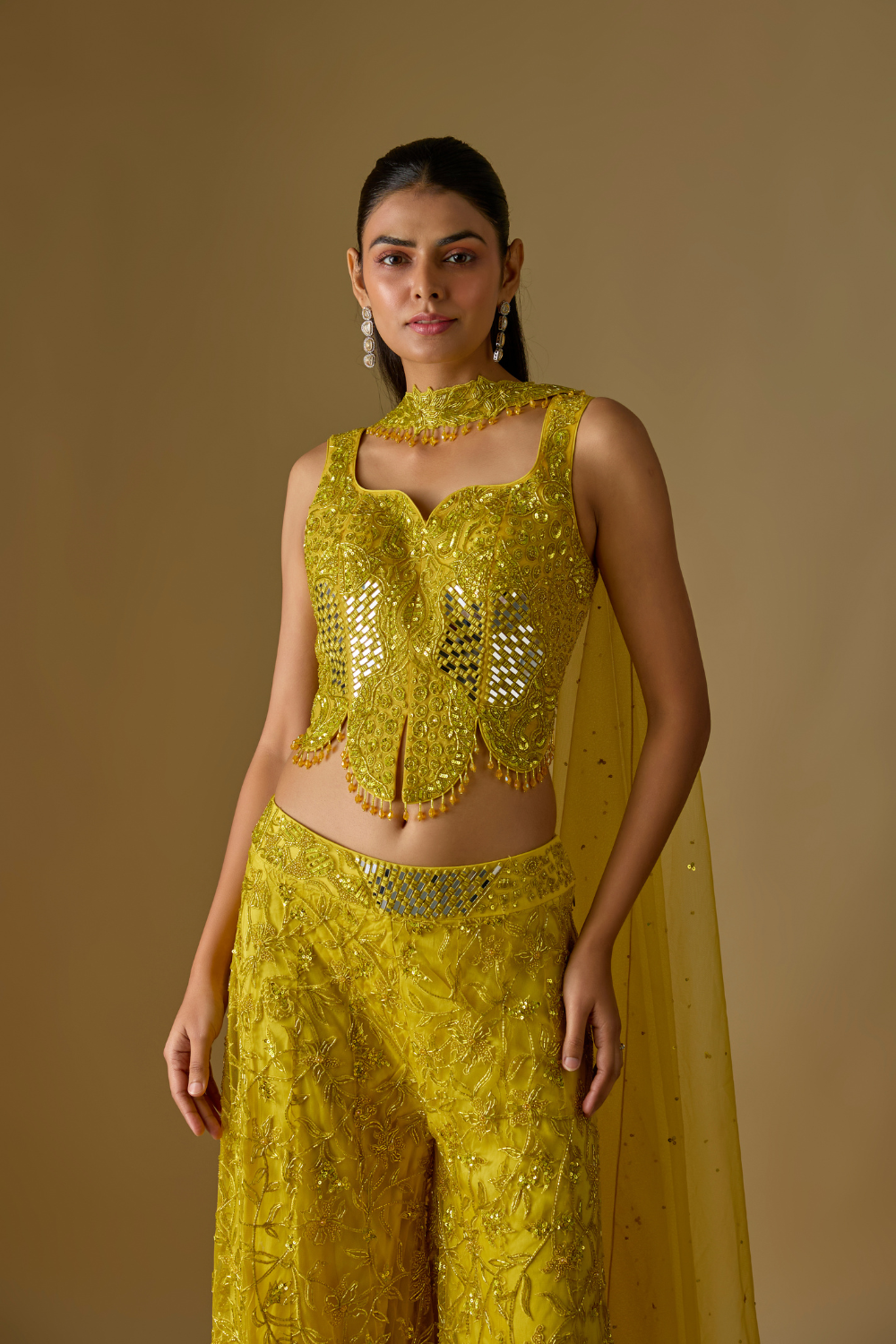 Sirena- Yellow Corset Blouse with Sharara and Dupatta Featuring Center Embroidery