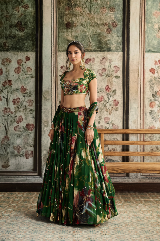GREEN FLORAL PRINT AND HIGHLIGHTED LEHENGA SET