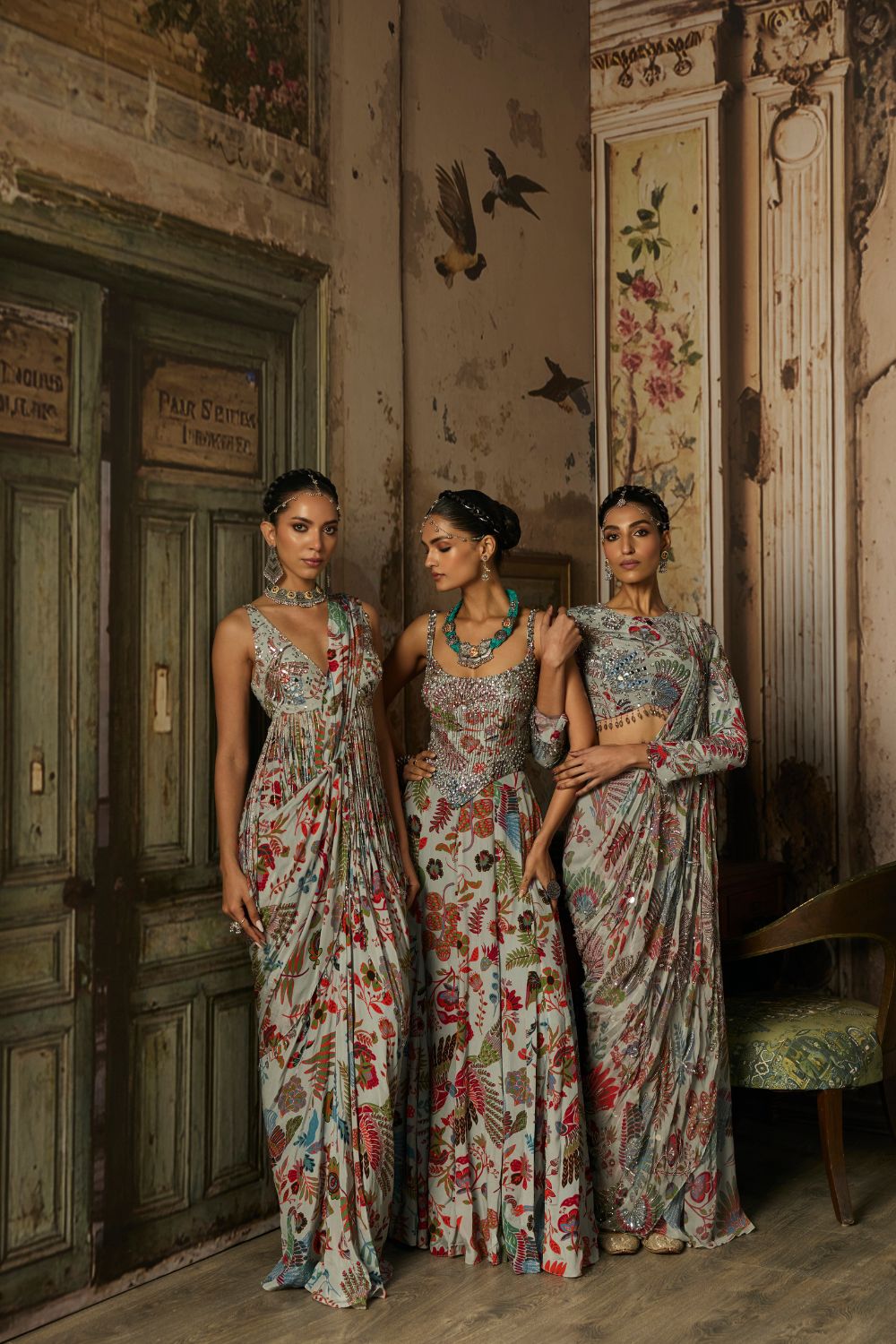 SLATE GREY PRINTED AND HIGHLIGHTED CORSET GOWN