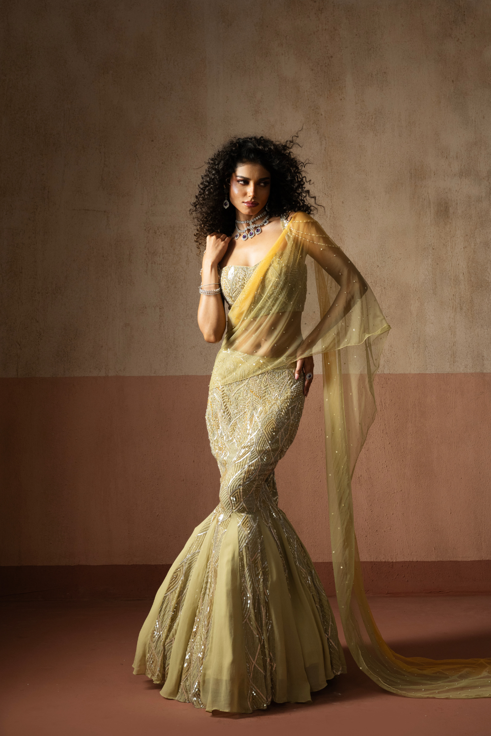 Fishtail style , sage green & pastel yellow hand embroidered , net &georgette fishtail saree, concept saree