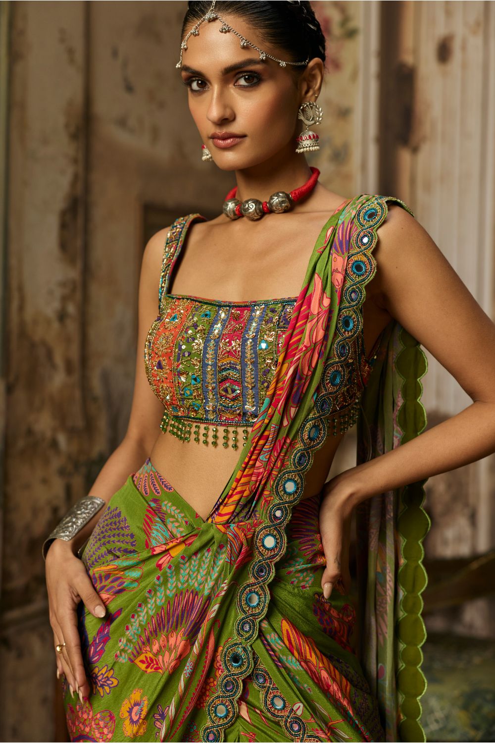 PEAR GREEN PRINTED AND HIGHLIGHTED DHOTI SKIRT SAREE SET