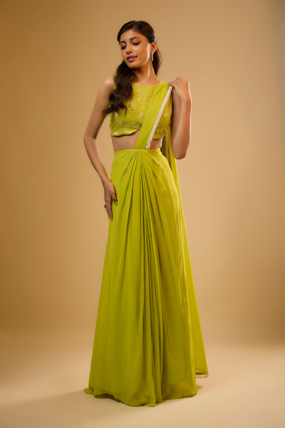 Citrus green pre-stitched georgette saree set embroidered with sequins, glass beads & threadwork