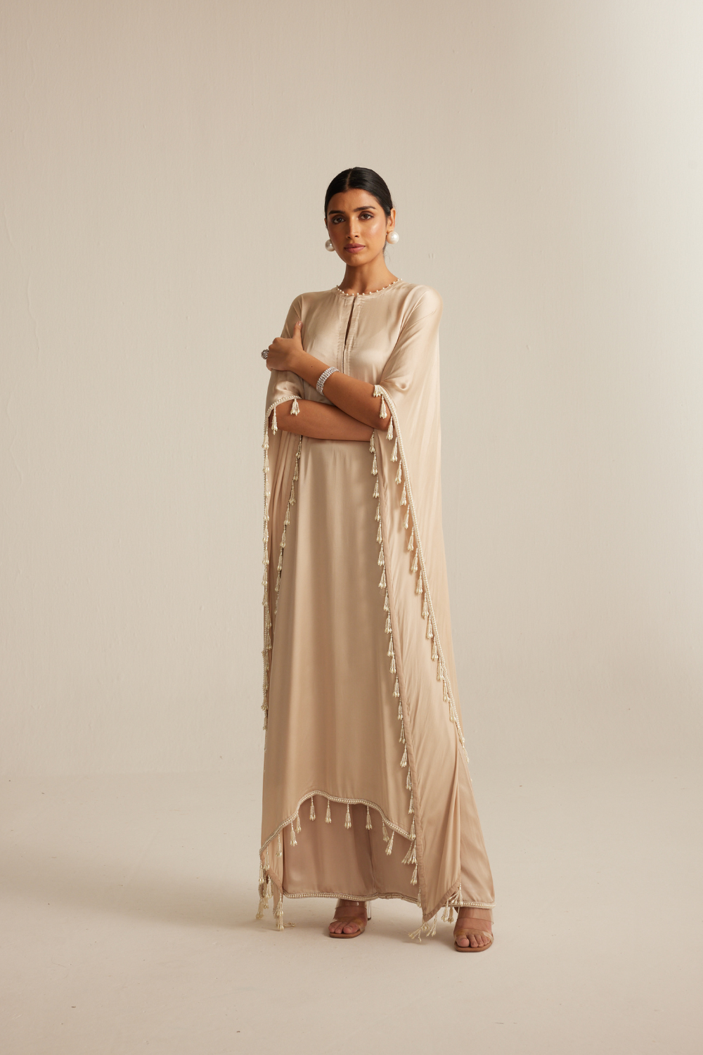 Light Beige Satin Kaftaan set