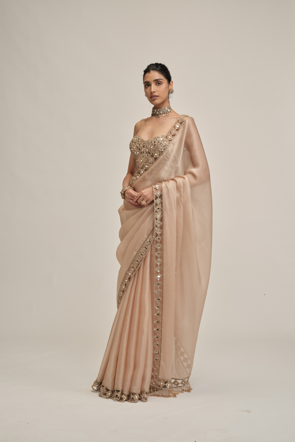 Light Beige Cutwork Border Saree with Corset Set