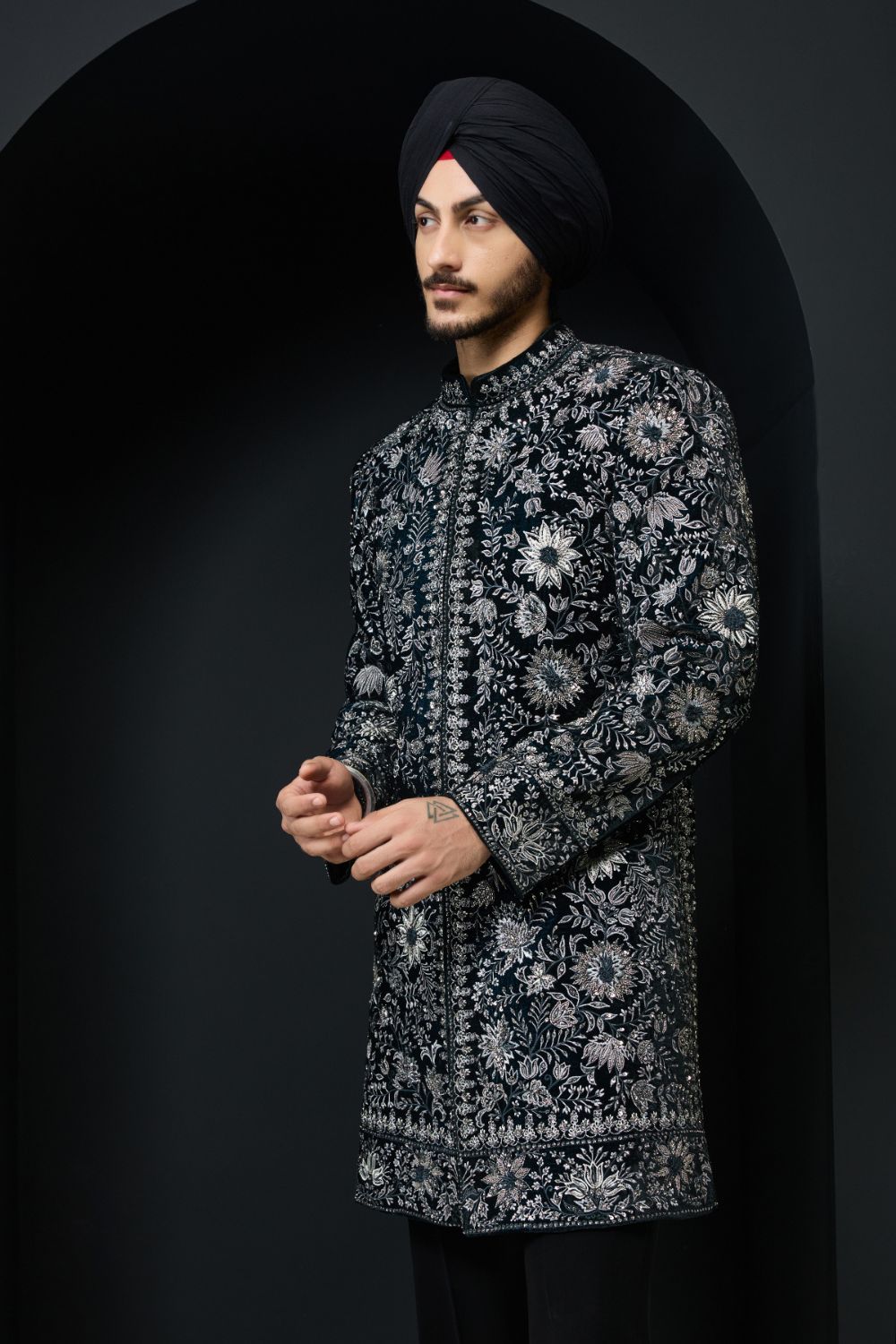 Teal Indo Western highlighted with pearl, sequins ,cutdana and spring thread work
