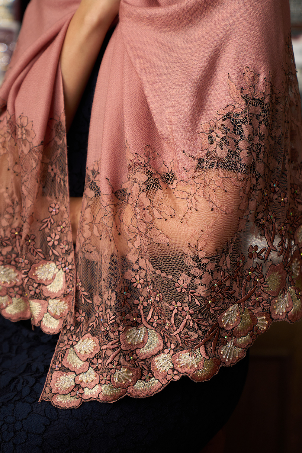Dainty Petals | Embroidered Wool Silk Stole – Pale Mauve