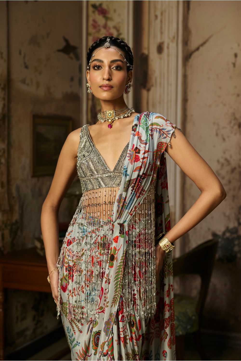 SLATE GREY EMBROIDERED BLOUSE AND PRINTED LEHENGA SET