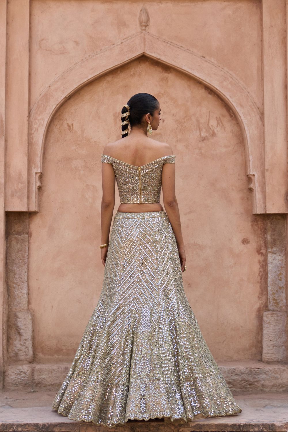 SUNEHRI — Antique Gold Net Lehenga Set