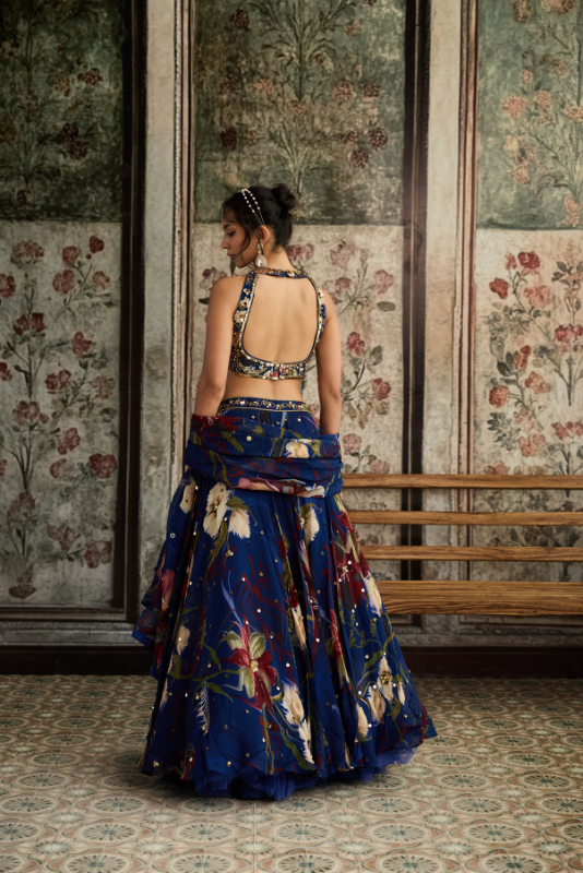 BLUE FLORAL PRINT AND HIGHLIGHTED LEHENGA SET