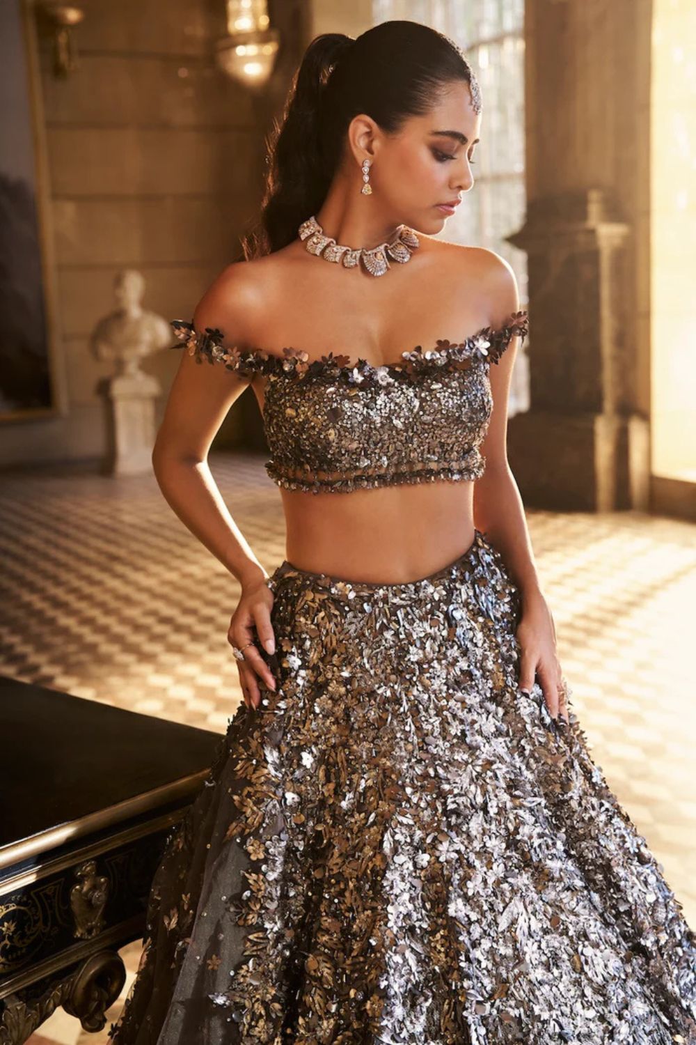 Metallic Silver 3D Lehenga Set