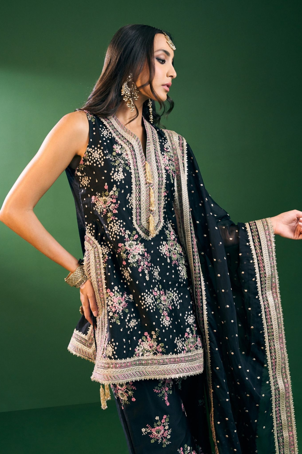 Lami Pima Satin Black Kurta With Flared Bell-Bottom Pants