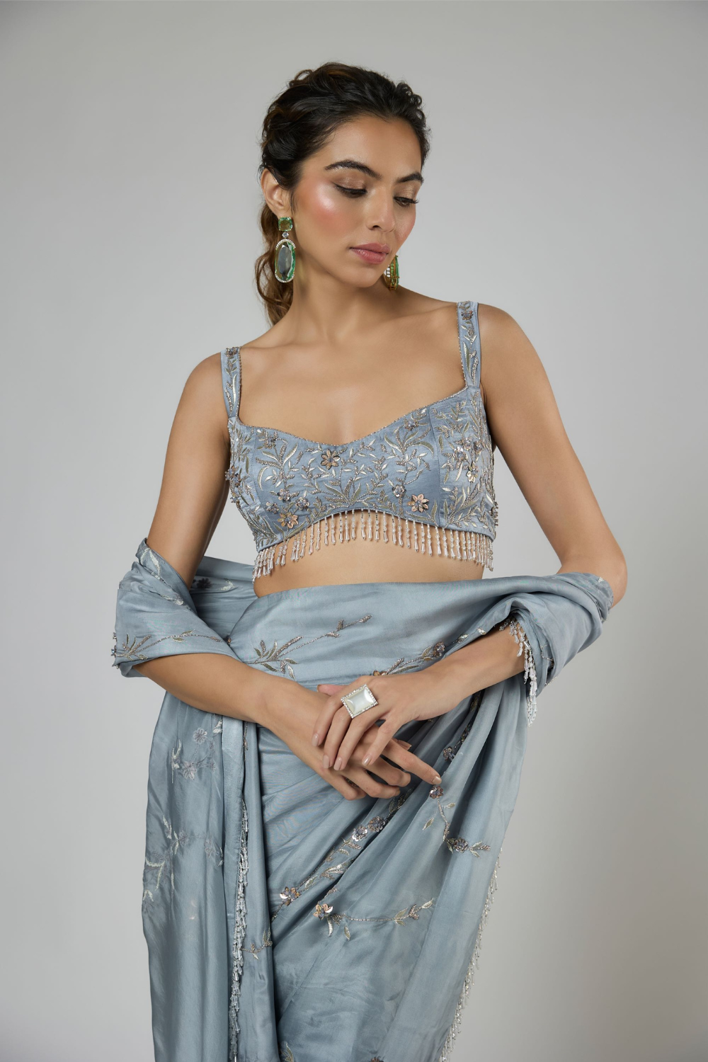 PERIWINKLE INTRICATE FLORAL EMBROIDERED SAREE SET