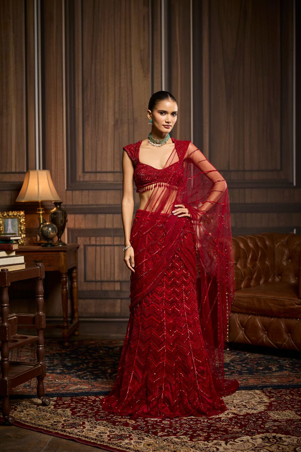 RED EMBELLISHED DRAPED PRE-DRAPED SKIRT SAREE SET
