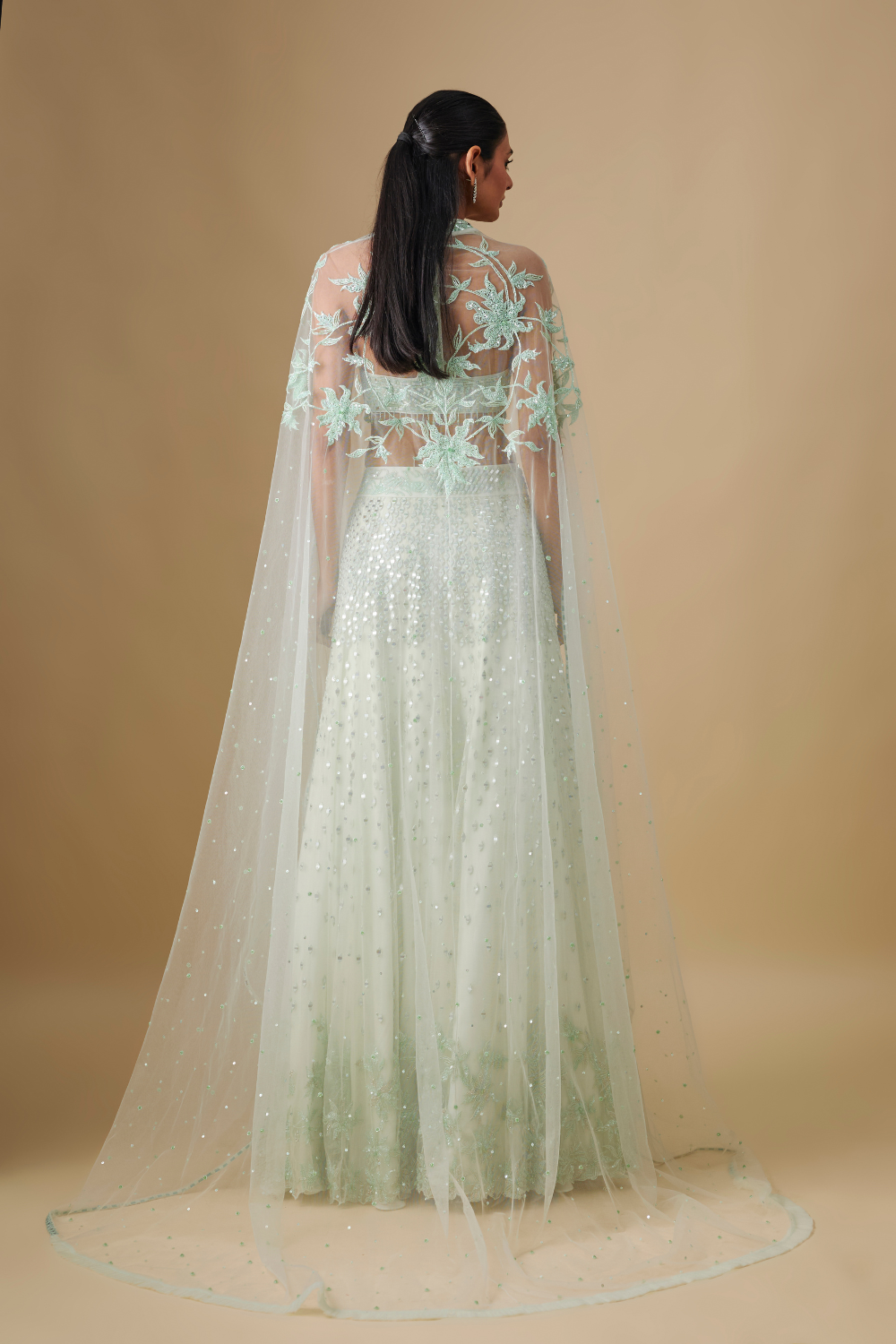 Thundra- Mint Lehenga Blouse with dupatta cape