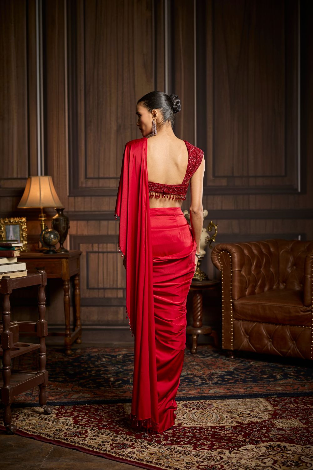 RED EMBELLISHED BLOUSE AND PRE-DRAPED DHOTI SAREE SET