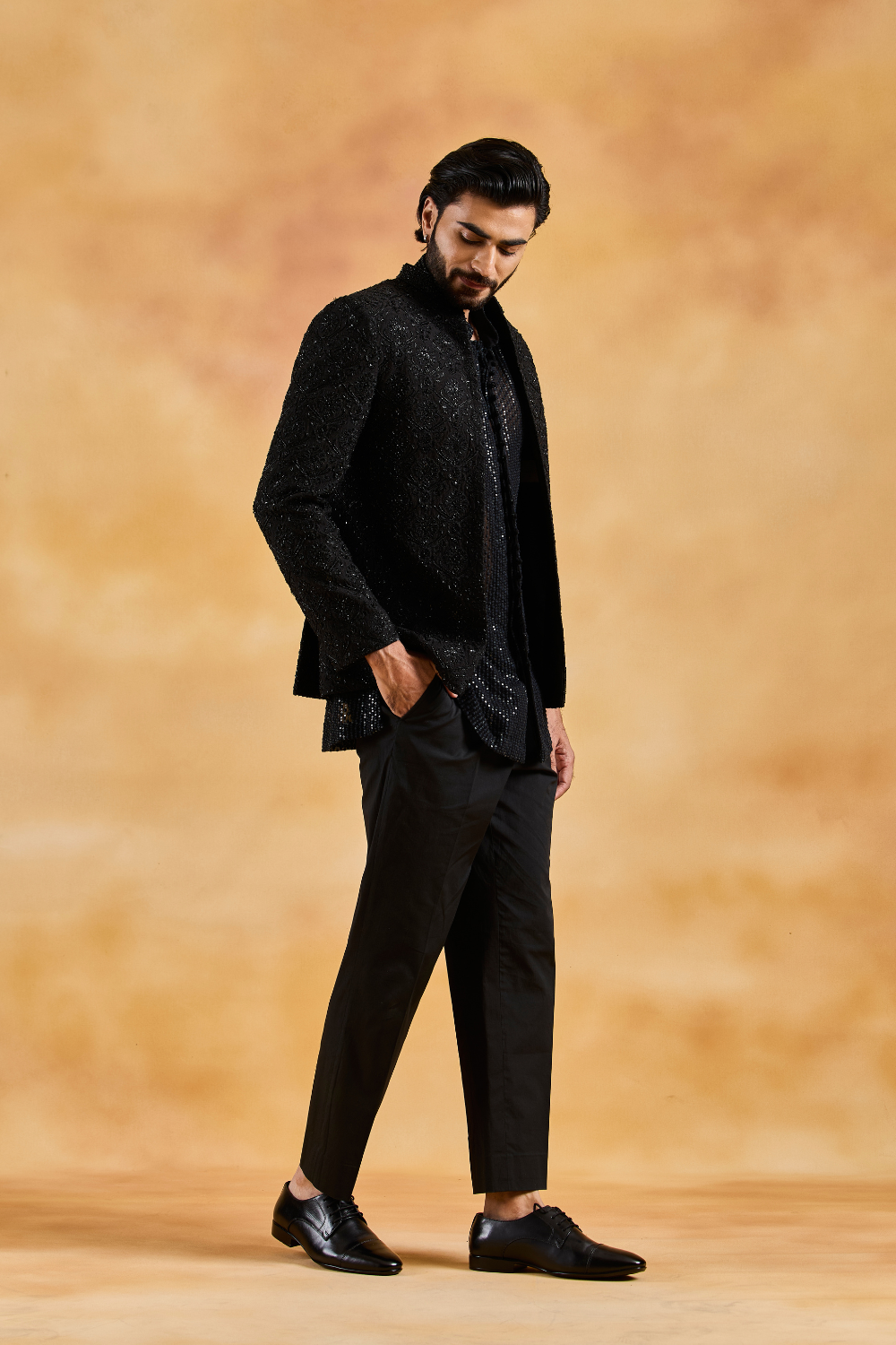 Black Open Jacket with Short Kurta and Pants