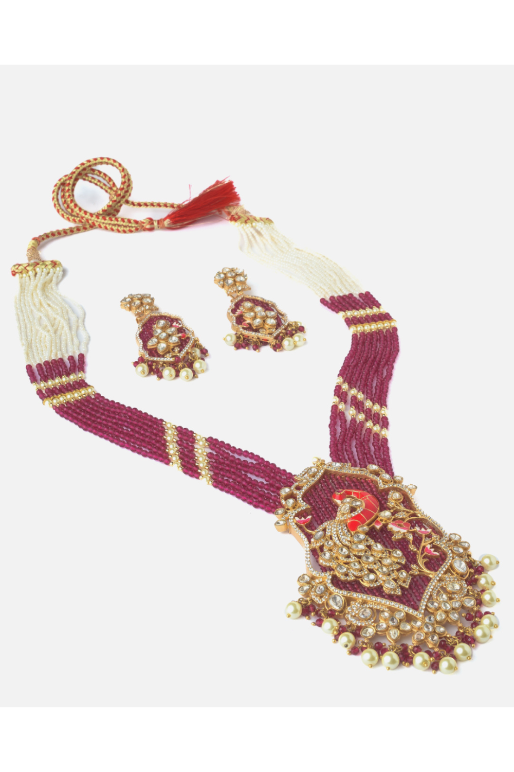 Moissanite Polki Ruby Peacock Beaded Statement Necklace Set