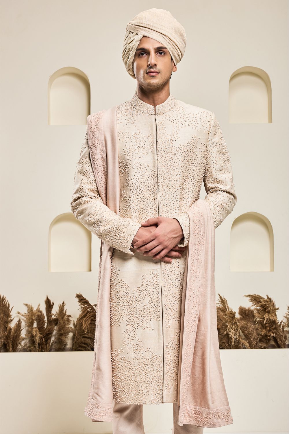 Dusty rose sherwani with pearl and cutdana
