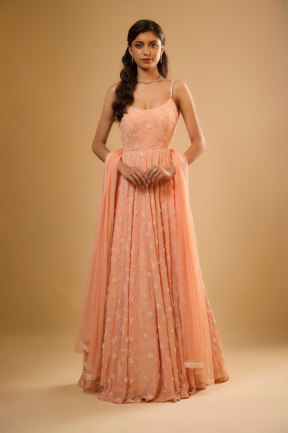 Peach sorbet georgette anarkali gown set embroidered with sequins, glass beads & threadwork