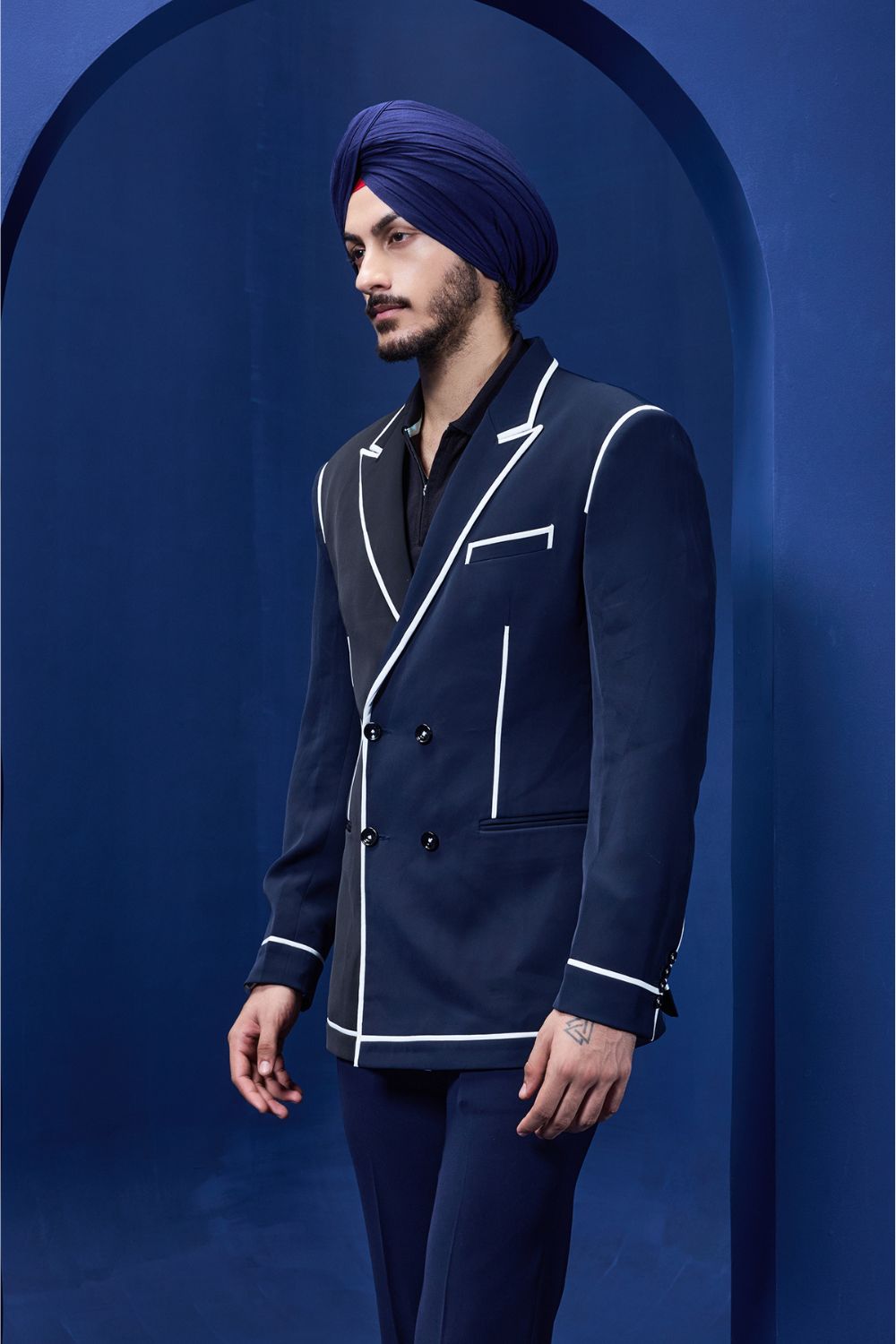 Navy blue and black dual colour blazer detailing with white taping