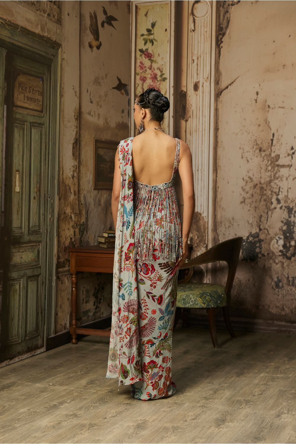 SLATE GREY PRINTED AND HIGHLIGHTED DHOTI SKIRT SAREE SET