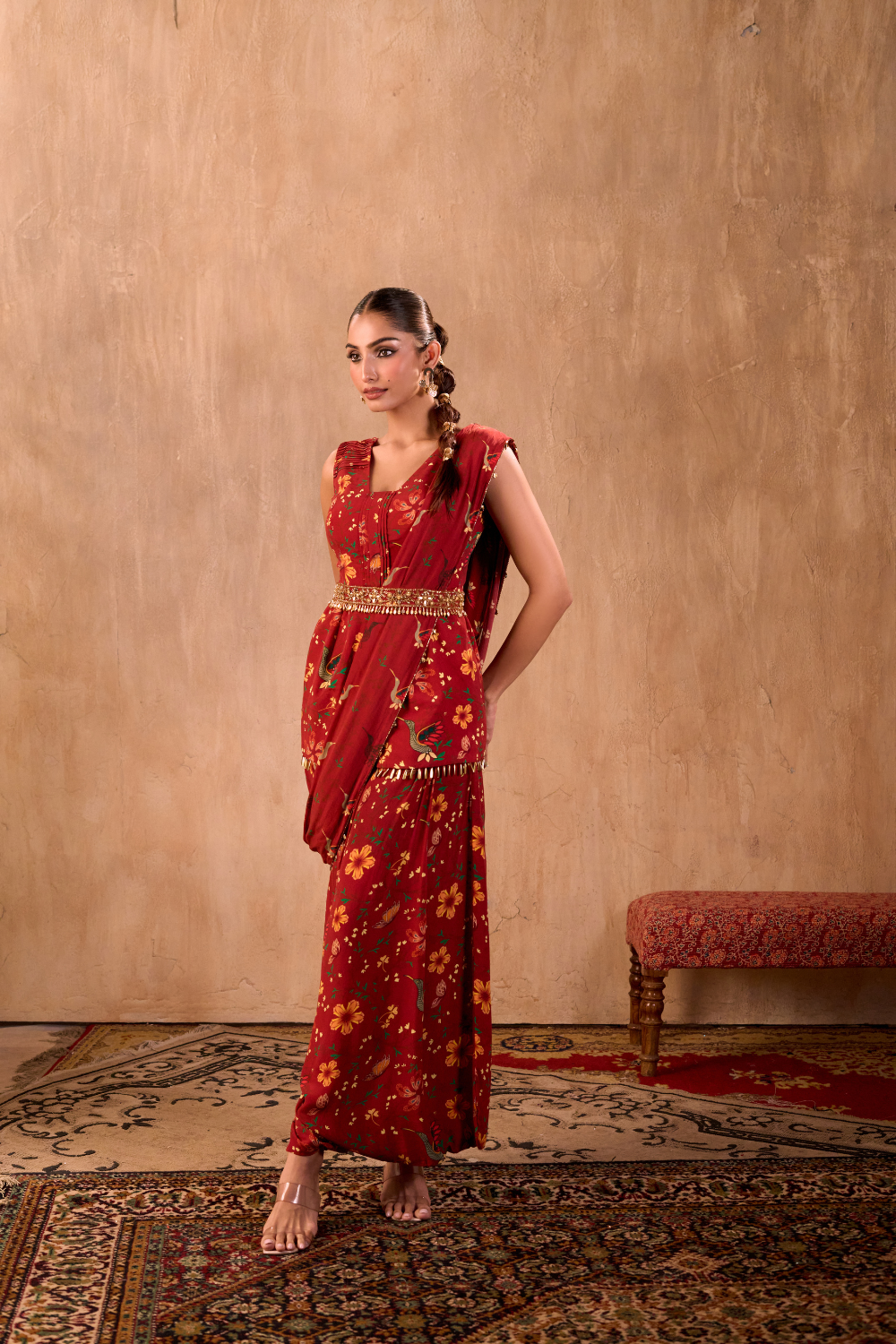 RED PRINT EMBROIDERED PEPLUM TOP, DRAPED PANTS, DRAPE AND BELT SET