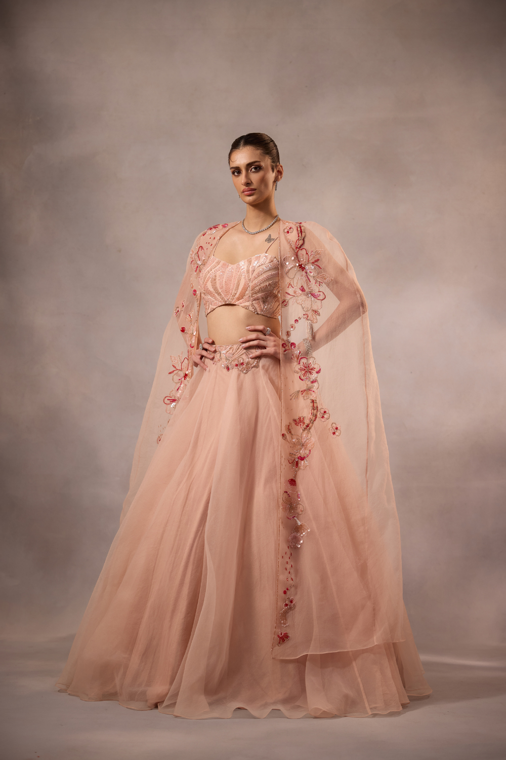Powder Pink Embroidered Lehenga Set  with cape -set of 3