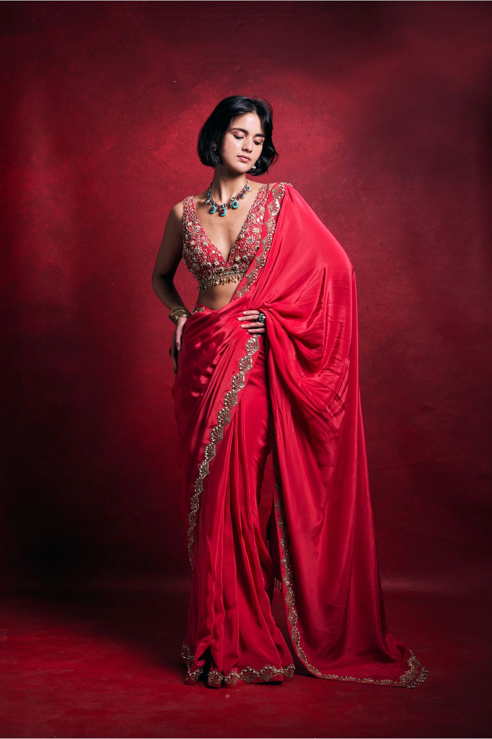 FUSCIA PINK CREPE SAREE