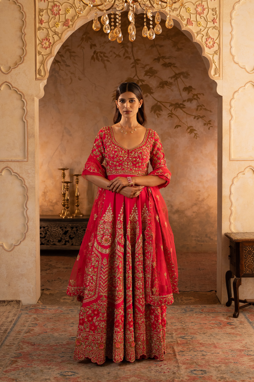 Red Raw Silk Anarkali Set