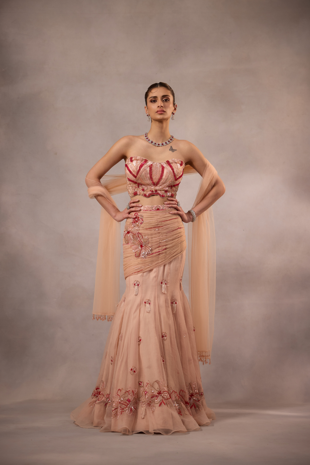 Powder Pink Embroidered Fishcut Drape Lehenga with Blouse -set of 3