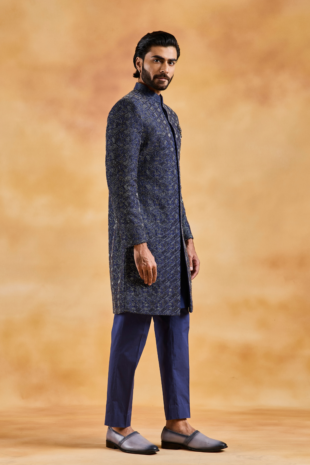 Navy Blue Sherwani Kurta Trouser Set