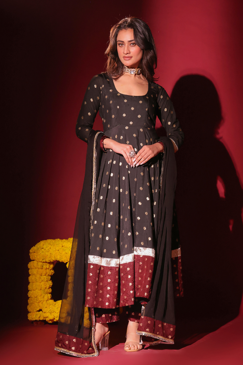 Black Maroon Anarkali Set