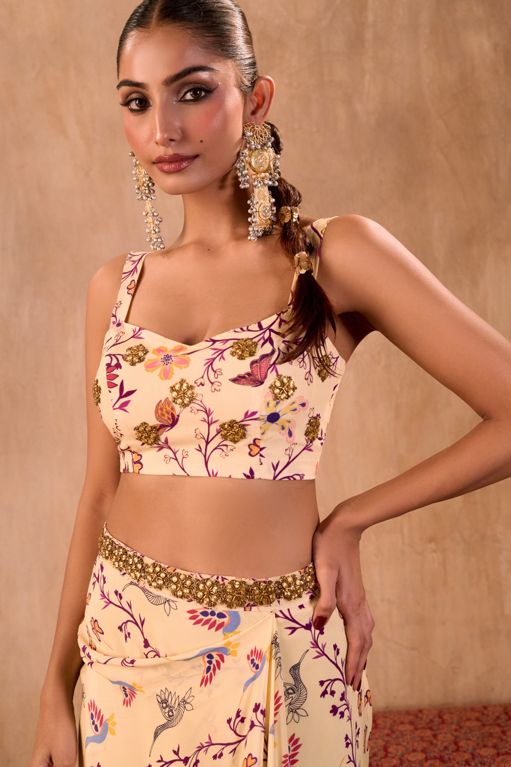 IVORY PRINT EMBROIDERED CHOLI, DRAPED SKIRT AND DUPATTA SET