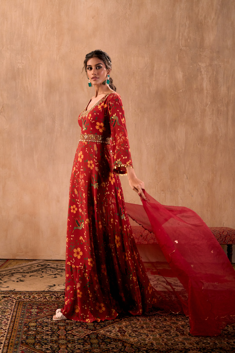 RED PRINT EMBROIDERED ANARKALI WITH DUPATTA AND BELT SET