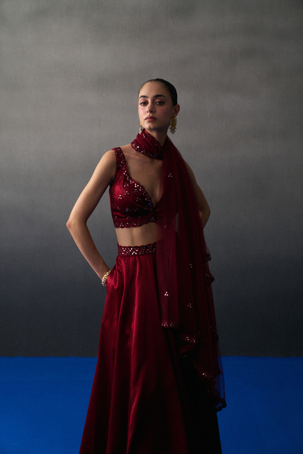 Maroon Satin Silk Skirt Set