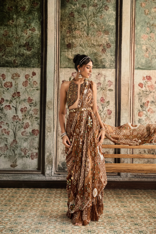 CARAMEL EMBROIDERED HALTER BLOUSE AND CARAMEL PRINT & HIGHLIGHTED  SAREE  SET
