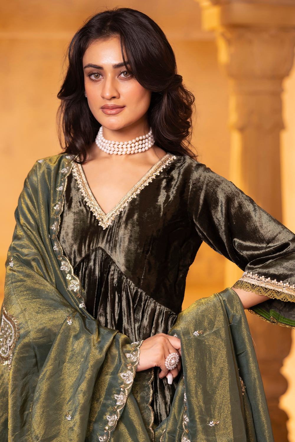 Olive Green Velvet Anarkali Set