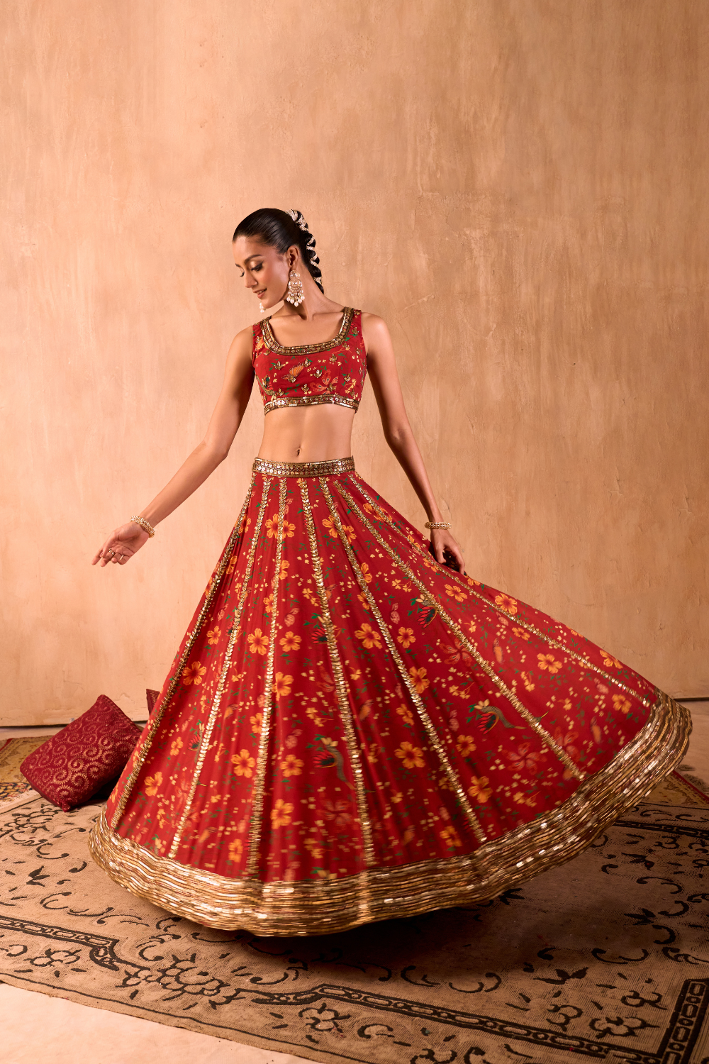RED PRINT EMBROIDERED CHOLI, LEHENGA AND DUPATTA SET
