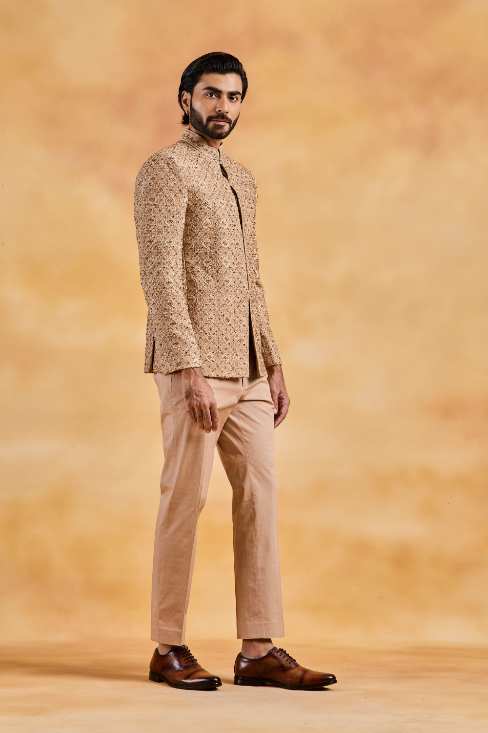 Fawn Raw Silk Jodhpuri Suit Set
