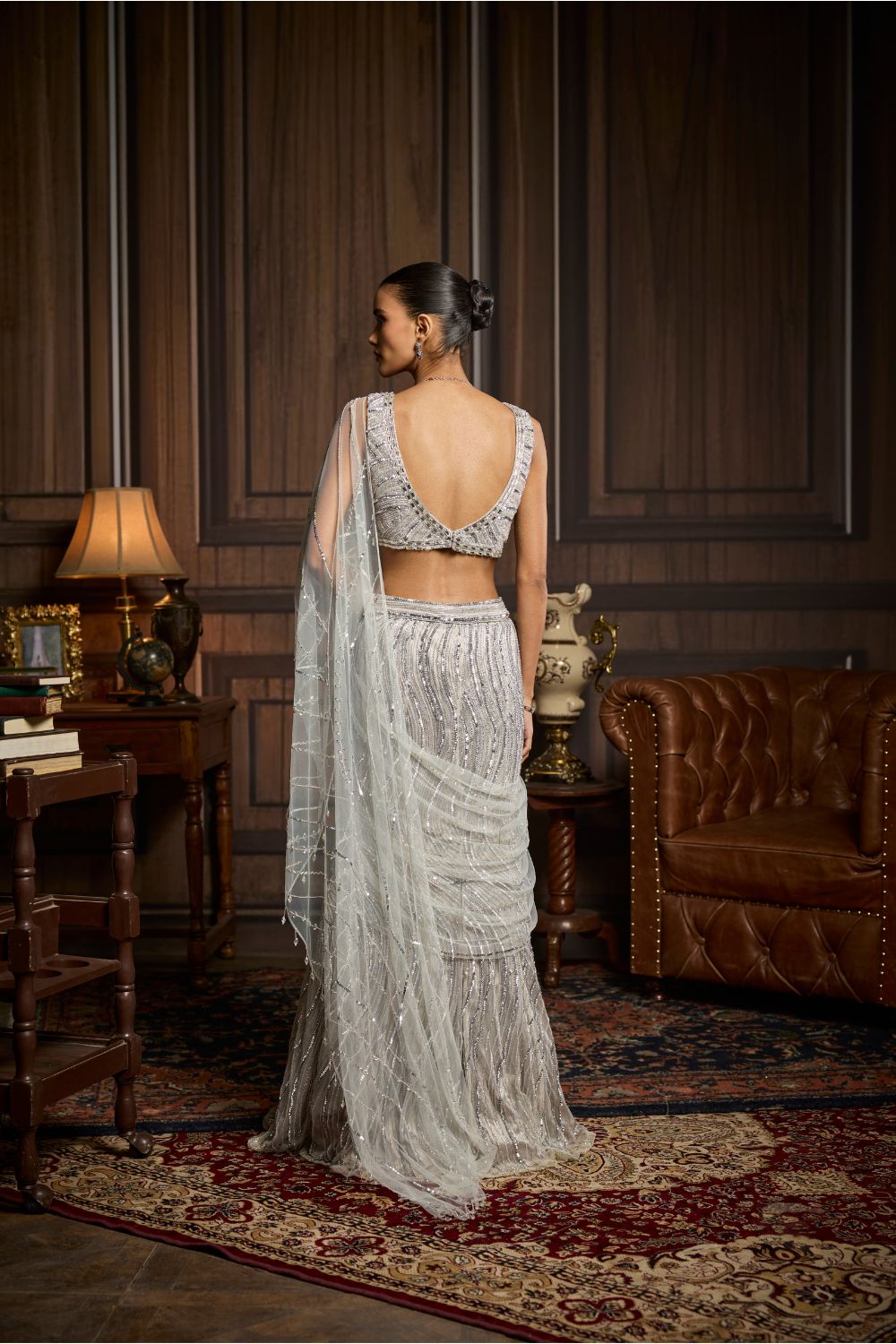 SILVER EMBELLISHED PRE-DRAPED SKIRT SAREE SET