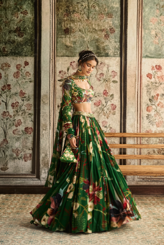 GREEN FLORAL PRINTED LEHENGA SET