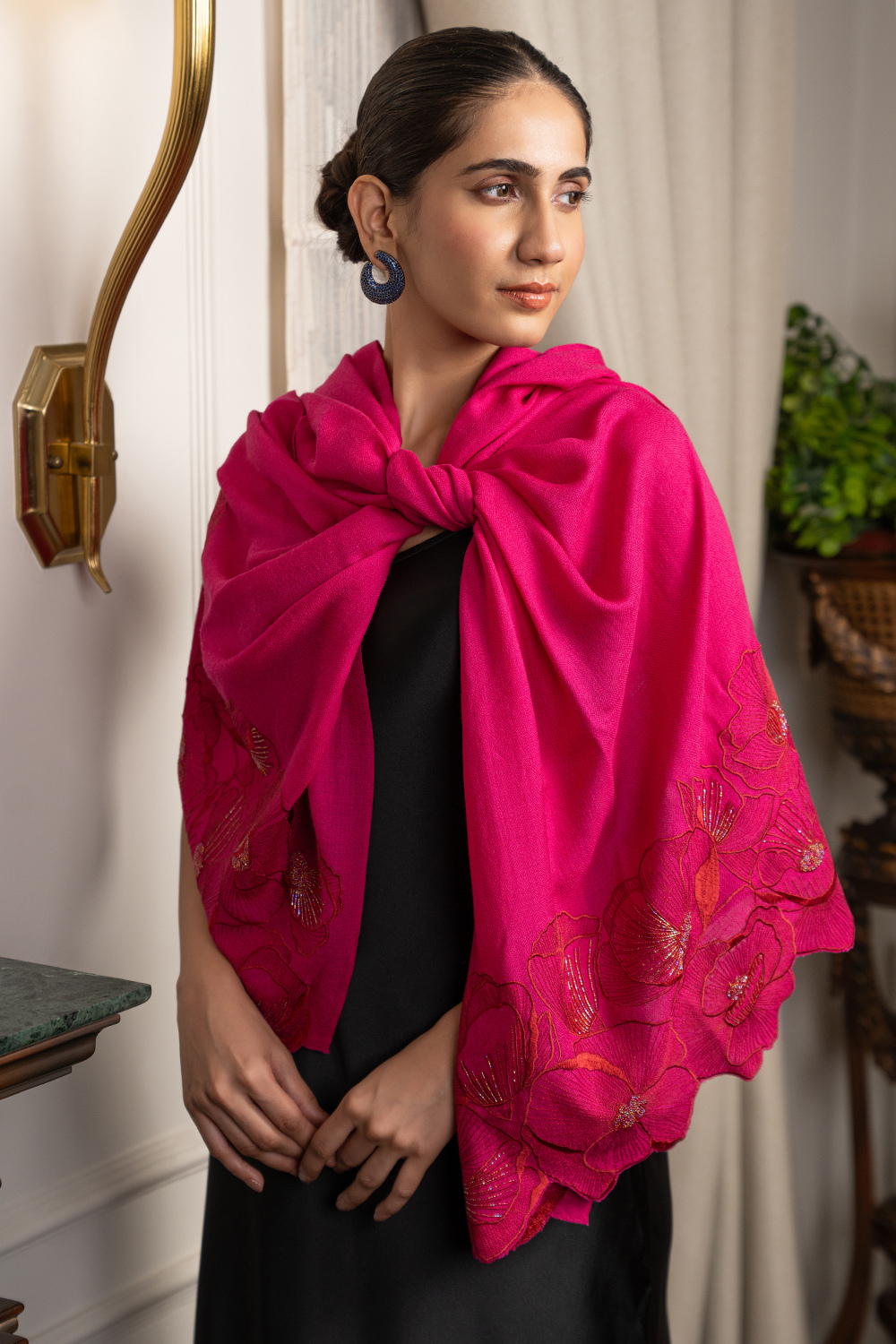 Poppy Affair | Embroidered Wool Silk Stole – Hot Pink