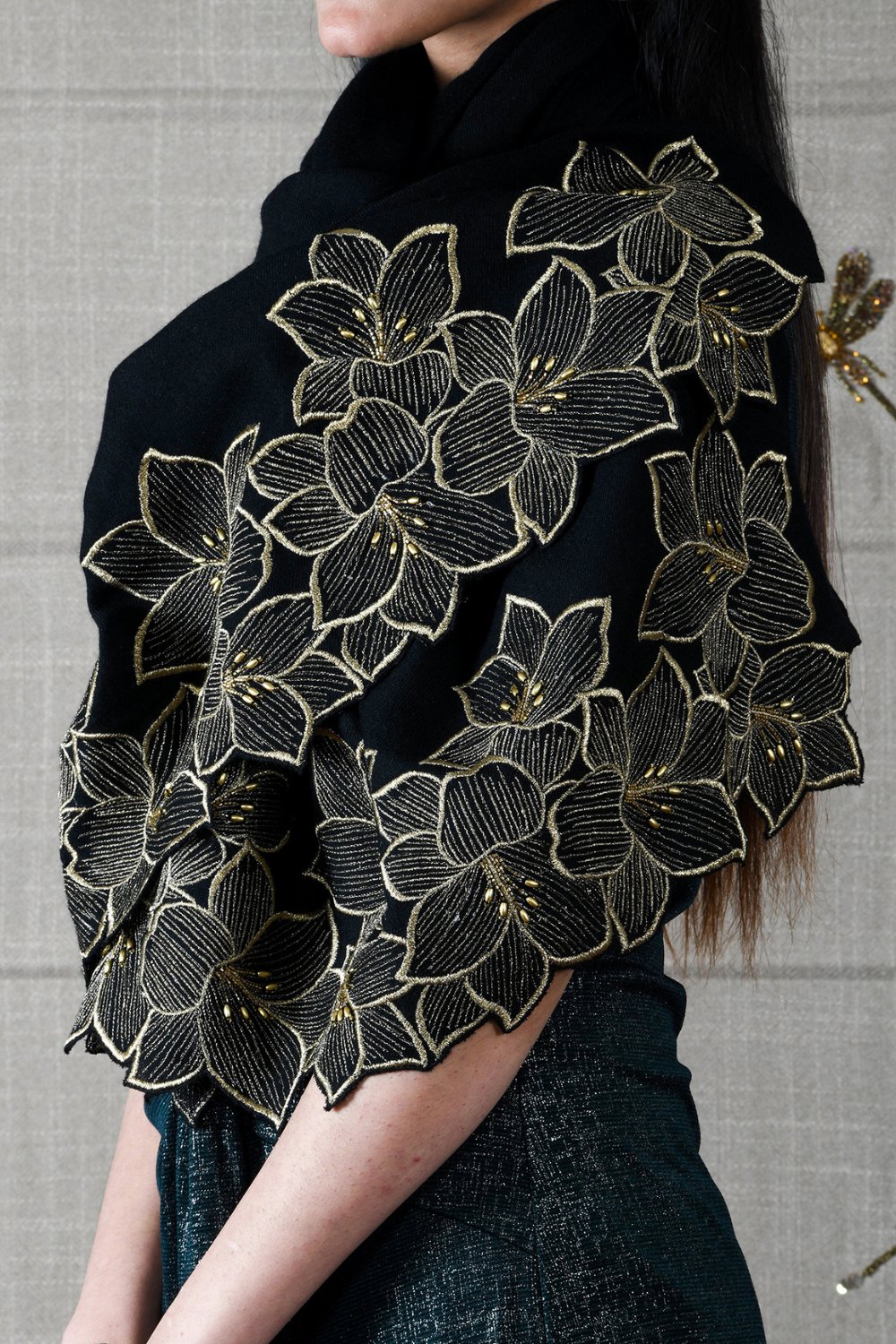 Midnight Bloom | Embroidered Wool Silk Stole – Black