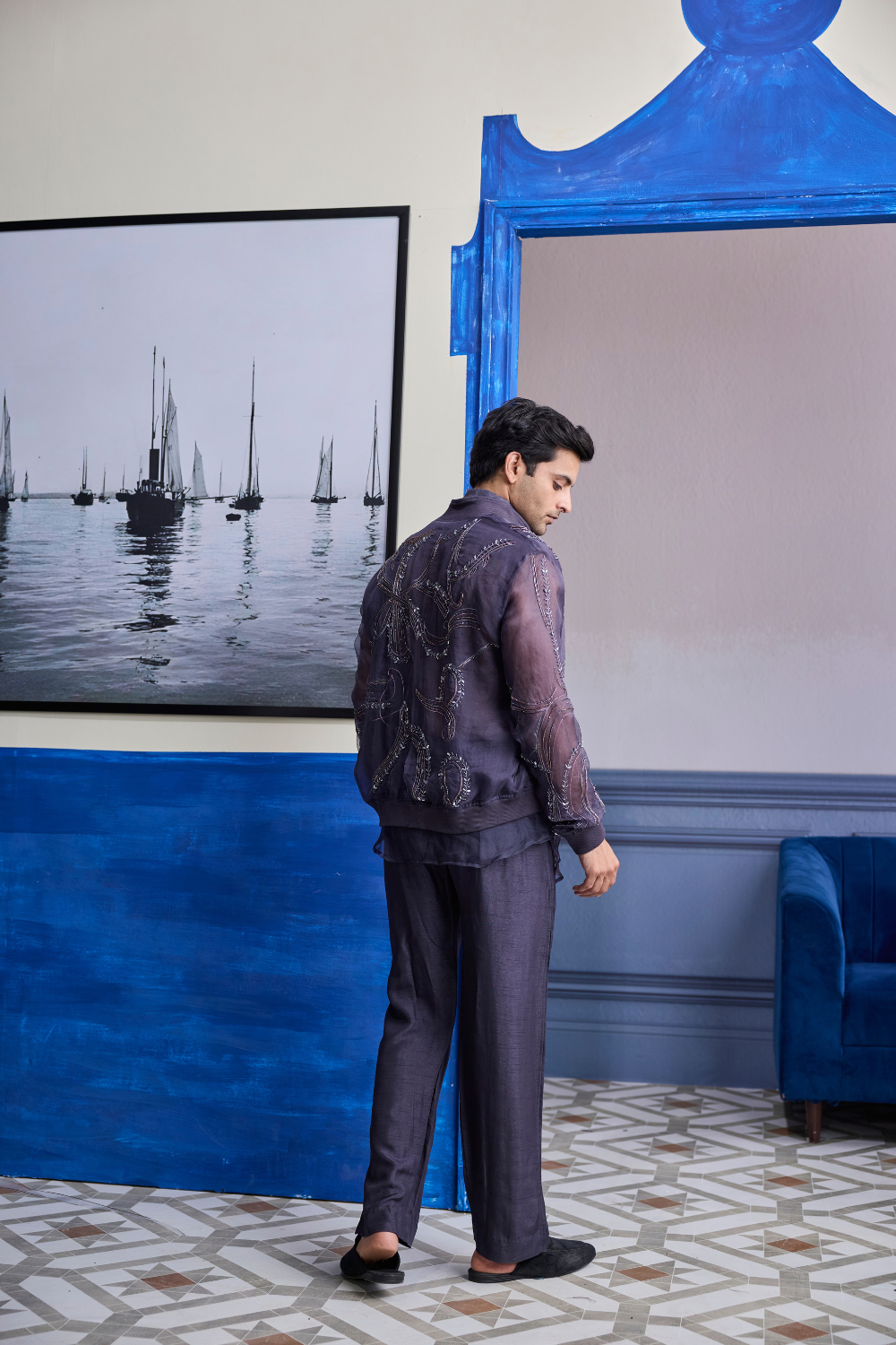Charcoal Grey Organza Shirt with Embroidered Organza Bomber Jacket Paired with Solid Pants