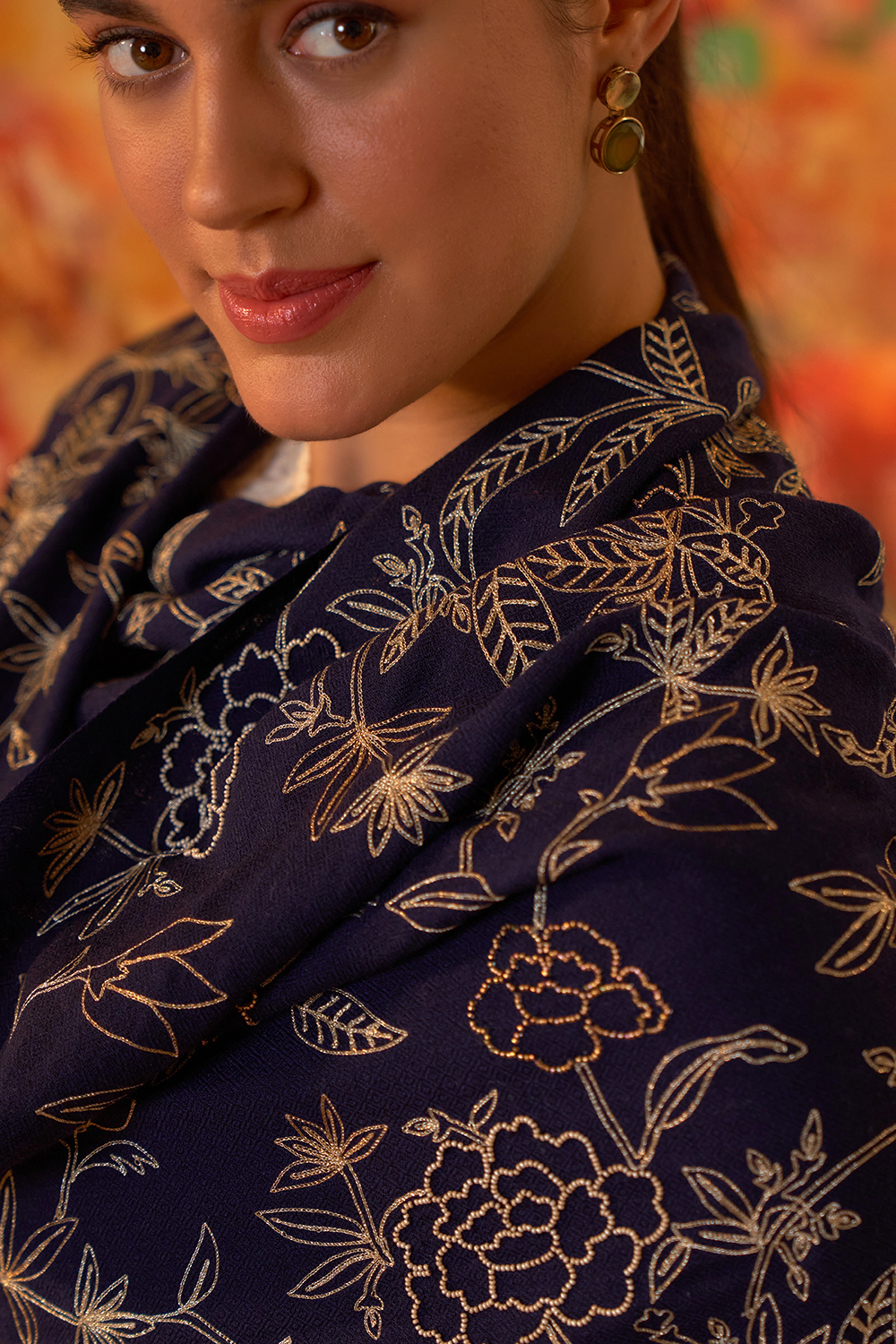 Golden Peony | Embroidered Fine Merino Wool Stole – Navy