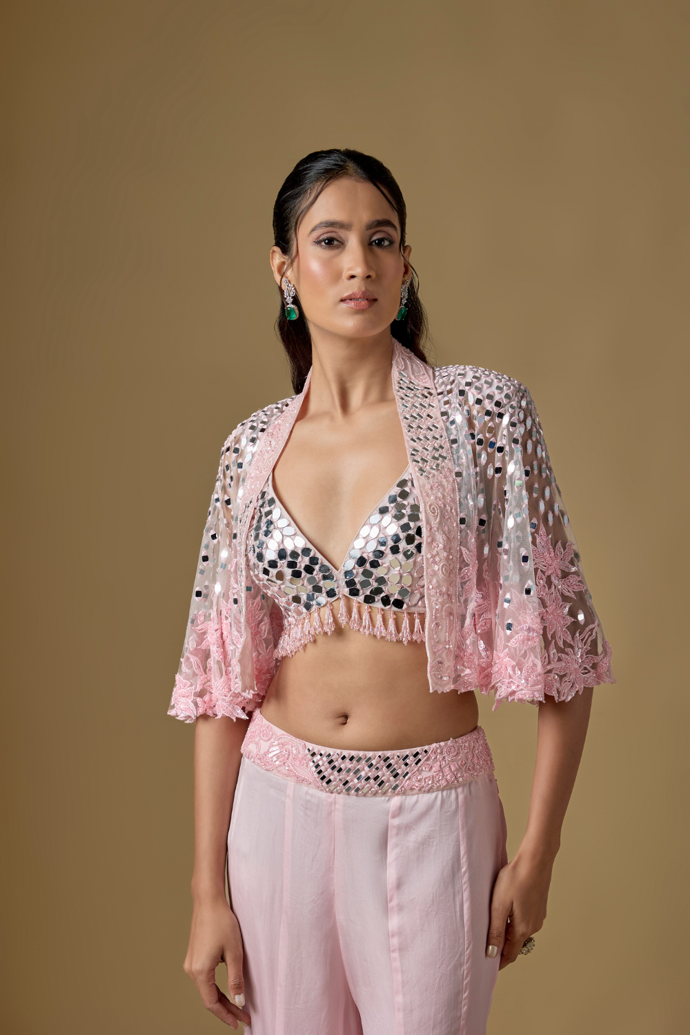 Kai -Baby Pink Sharara Short Cape Set with Full Mirror Blouse