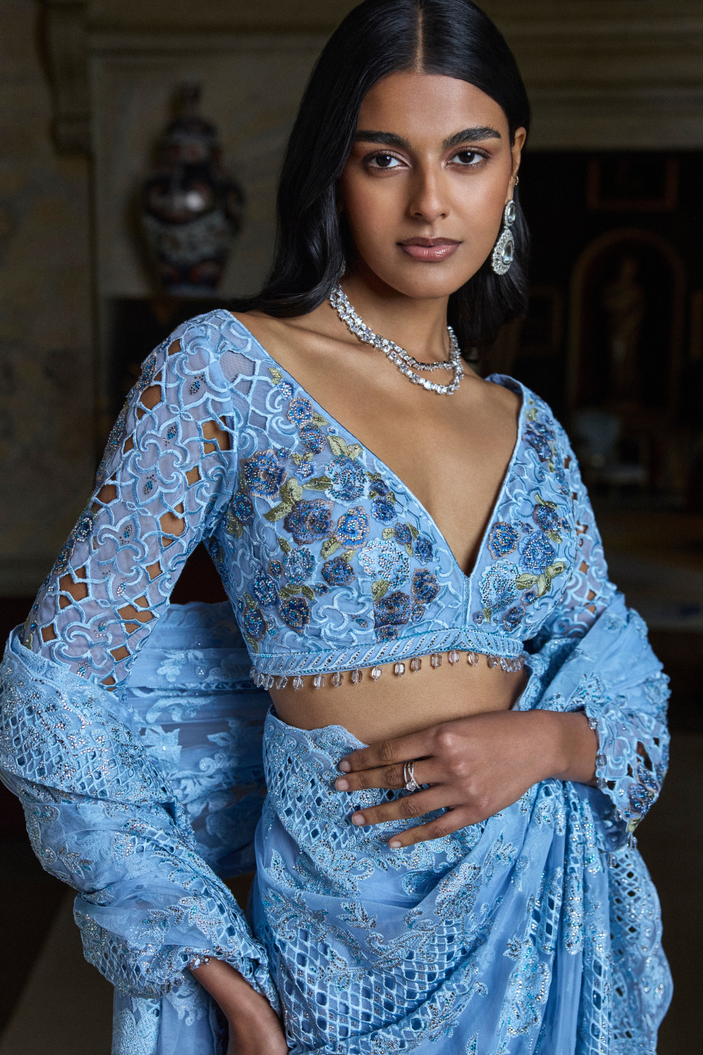 Powder Blue Thread Work Saree
