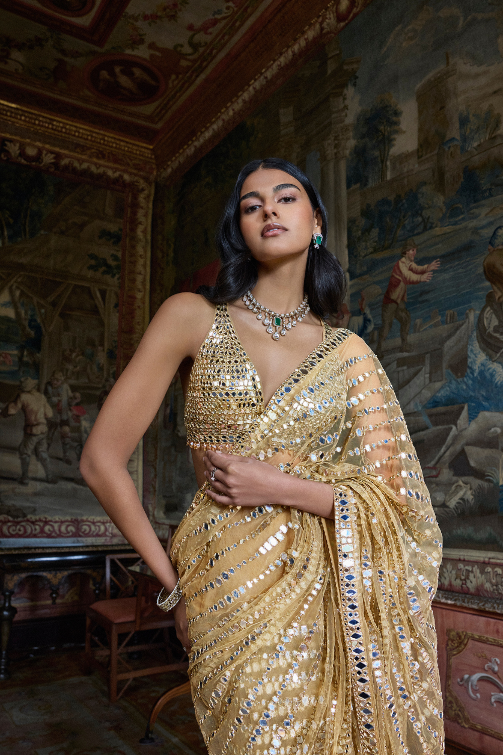 Gold Mirror Work Saree